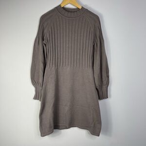 Calvin Klein Women's Size M Brown Ribbed-Knit Balloon-Sleeve Sweater Midi Dress